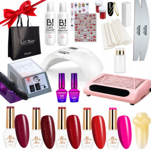 Duży zestaw hybrydowy na Walentynki - lampa + frezarka + pochłaniacz do pyłu + 5x lakier hybrydowy Molly Nails + preparaty + akcesoria + gratis brokat