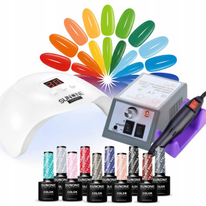 SunOne Zestaw Do Manicure Hybrydowego Lampa Smart 48W Frezarka do paznokci 10szt lakierów Mix Kolorów
