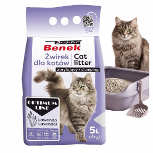 Super Benek Optimum Lawenda Żwirek Bentonitowy Zbrylający dla Kota Drobny 0,5–2 mm Zapach Lawendowy Mniej Roznoszony 5 L
