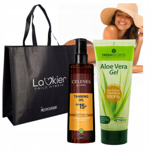 Zestaw do opalania – Celenes by Sweden Tanning Oil SPF 15 + Fresh Secrets Aloe Vera Gel + Torba Plazowa