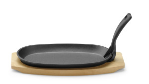 Półmisek żeliwny z drewnianą podstawą i uchwytem HENDI czarny 280x140x(H)30mm