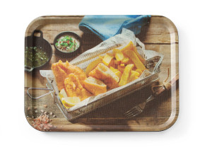 Taca do serwowania z nadrukiem antypoślizgowa HENDI tasty fish & chips 330x430mm