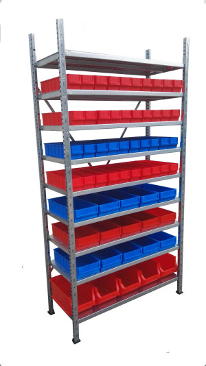 Regał 9 półkowy metalowy z 60 pojemnikami - 2000x1000x400 mm