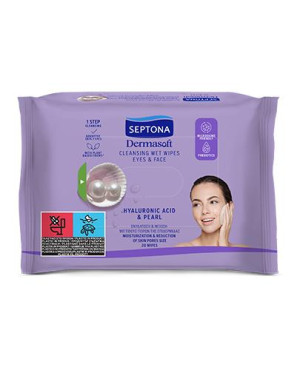 Septona Dermasoft Oczyszczające Chusteczki nawilżane z kwasem hialuronowym i perłą do twarzy i oczu, 20 sztuk