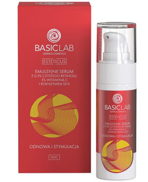 Basiclab Esteticus Emulsyjne Serum z 0,3 % czystego retinolu 3 % wit. C i koenzymem Q10 na noc, 30 ml