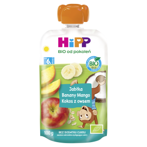 HiPP BIO od pokoleń, Jabłka-Banany-Mango-Kokos, po 6. m-cu, 100 g, cena, opinie, składniki