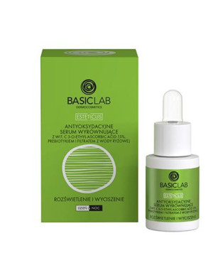Basiclab Esteticus Antyoksydacyjne Serum wyrównujące z witaminą C 3 - O - Ethyl Ascorbic Acid 15 % prebiotykiem i filtratem z wody ryżowej, 15 ml