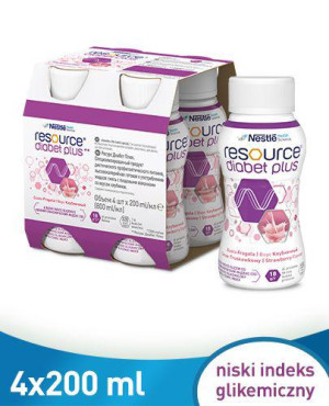 Resource Diabet Plus, dieta kompletna w płynie, smak truskawkowy, 4 x 200 ml