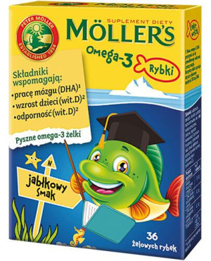 Moller's Omega-3 Rybki, żelki, smak jabłkowy, 36 sztuk