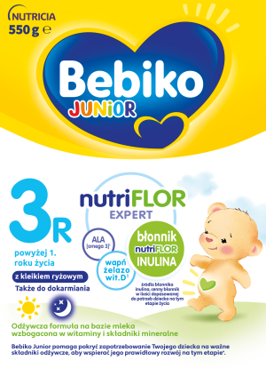 Bebiko Junior 3R Nutriflor Expert, odżywcza formuła na bazie mleka dla dzieci powyżej 1. roku życia, z kleikiem ryżowym, 550 g