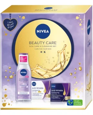 Nivea Beauty Care przeciwzmarszczkowy modelujący krem na dzień 65+ 50 ml + przeciwzmarszczkowy modelujący krem na noc 65+ 50 ml + kojący płyn micelarny dla cery wrażliwej i nadwrażliwej 200 m