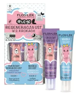 Flos-Lek Vege Lip Care Regeneracja ust w 2 krokach scrub jagodowy zawrót głowy 14 g + maska do ust niebanalna tropikalna 14 g [ZESTAW]