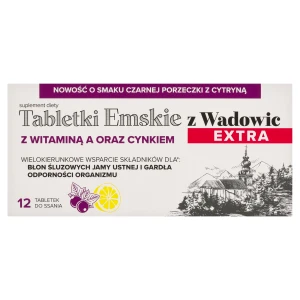 Tabletki Emskie Z Wadowic Extra o smaku czarnej porzeczki z cytryną z witaminą A oraz cynkiem, 12 tabletek do ssania