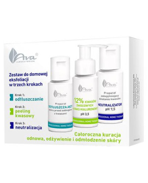 Ava Laboratorium Zestaw do domowej eksfoliacji Odtłuszczacz - 50 ml + Peeling kwasowy 12% Kwasów owocowych + Kwas hialuronowy pH 3,5 - 50 ml + Neutralizator pH 7.5- 50 ml