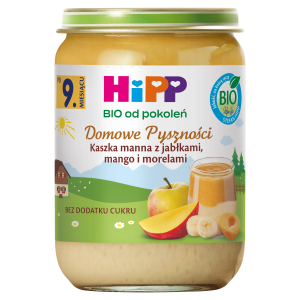 HiPP BIO od pokoleń, Kaszka manna z jabłkami, mango i morelami, po 9. m-cu, 190 g