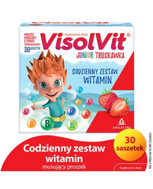 VisolVit Junior Truskawka, witaminy dla dzieci po 3 r.ż., musujący proszek o smaku truskawkowym, saszetki, 30 sztuk