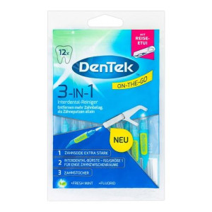 Dentek, 3-in-1 Cleaner, czyścik z wykałaczką, nicią i szczoteczką międzyzębową z etui, 12 sztuki