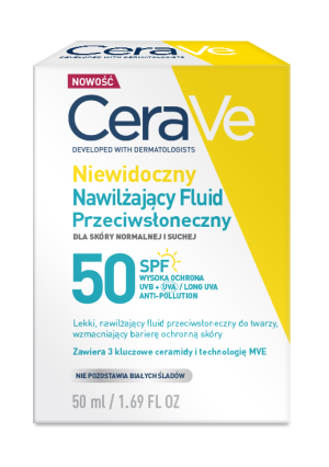 Cerave Sun, niewidoczny nawilżający fluid przeciwsłoneczny do skóry suchej SPF 50, 50 ml