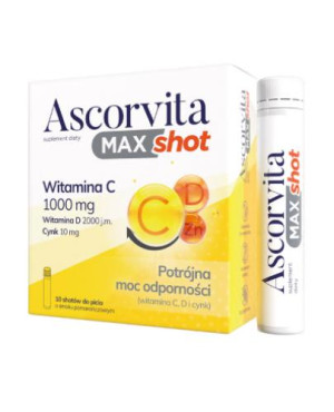 Ascorvita Max Shot, shoty do picia o smaku pomarańczowym, 10 sztuk