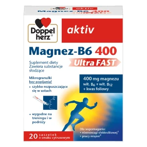 Doppelherz aktiv Magnez-B6 UltraFAST 400, granulki musujące w saszetkach, 20 sztuk