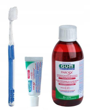 Sunstar Gum Zestaw Pozabiegowy Płyn Paroex 0,12% CHX, 300 ml + Pasta Paroex 0,06% CHX, 12 ml + Szczoteczka pozabiegowa, 1 sztuka