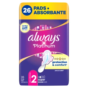 Always Platinum Super rozmiar 2 Podpaski ze skrzydełkami, 26 sztuk