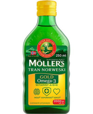 Moller's Gold Omega-3 Tran Norweski, płyn o smaku cytrynowym, 250 ml