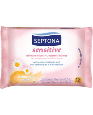 Septona Sensitive Chusteczki nawilżane do higieny intymnej z prebiotykiem i kwasem mlekowym, 15 sztuk