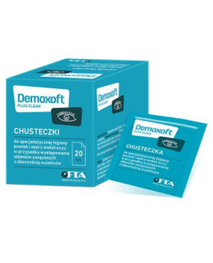 Demoxoft Plus Clean, chusteczki do specjalistycznej higieny powiek i skóry wokół oczu, 20 sztuk