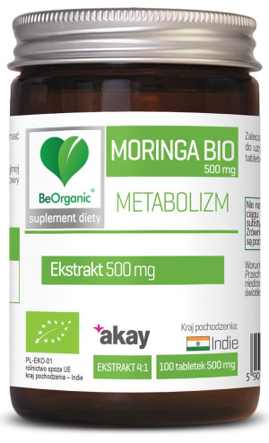 BeOrganic, Moringa ekstrakt BIO, 500 mg, tabletki, 100 sztuk