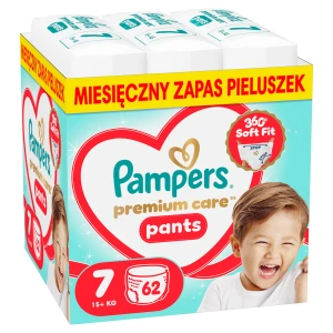 Pampers Premium Care Pieluchomajtki rozmiar 7, 15 kg+, 62 sztuki