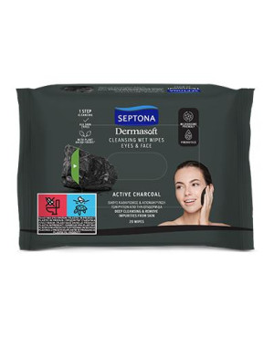 Septona Dermasoft Oczyszczające Chusteczki nawilżane z aktywnym węglem do twarzy i oczu, 20 sztuk
