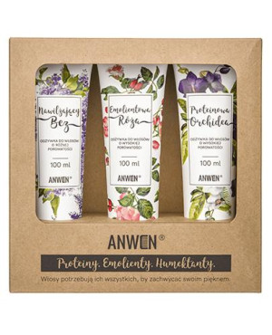 Anwen Zestaw odżywek do włosów o wysokiej porowatości Nawilżający Bez, 100 ml + Emolientowa Róża, 100 ml + Proteinowa Orchidea, 100 ml