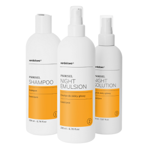 Verdelove Psorisel Zestaw Szampon na łuszczycę, 200 ml + Emulsja do skóry głowy, 200 ml + Płyn do skóry głowy z łuszczycą, 150 ml