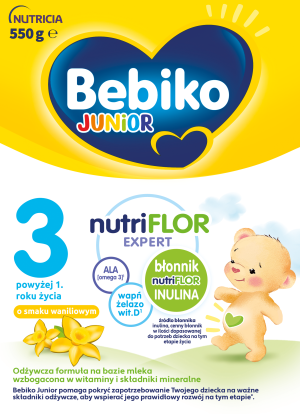 Bebiko Junior 3 Nutriflor Expert, odżywcza formuła na bazie mleka dla dzieci powyżej 1. roku życia, o smaku waniliowym, 550 g
