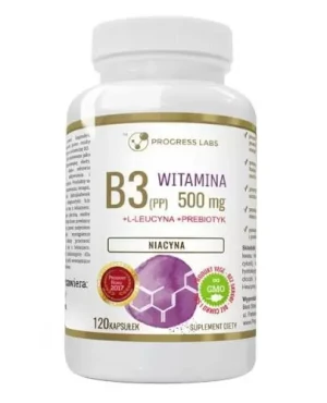 Progress Labs Witamina B3 (PP) 500 mg + L-leucyna + Prebiotyk 120 kapsułek