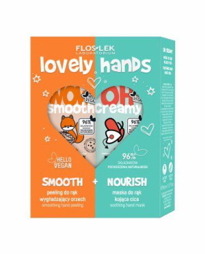FLOSLEK Wzmacniająca kuracja do rąk w 2 krokach, Smooth peeling do rąk wygładzający orzech, 50 g, Nourish Maska do rąk kojąca cica, 50 ml