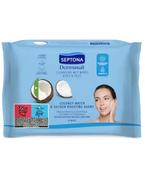 Septona Dermasoft chusteczki oczyszczające do twarzy i oczu z wodą kokosową i środkiem dotleniającym 20 sztuk