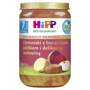HiPP BIO od pokoleń, Ziemniaki z buraczkami, jabłkiem i delikatną wołowiną, po 7. m-cu, 220 g