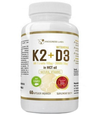 Progress Labs Witamina K2 MK-7 100 mcg + D3 2000IU 50 mcg w oleju MCT- 60 kaps.
