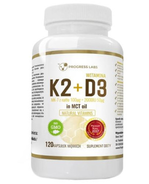 Progress Labs Witamina K2 MK-7 100 mcg + D3 2000IU 50 mcg w oleju MCT - 120 kaps. - cena, opinie, właściwości