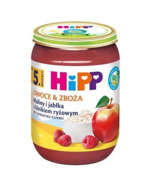 HiPP BIO od pokoleń, Maliny i jabłka z kleikiem ryżowym, po 5. miesiącu, 190 g