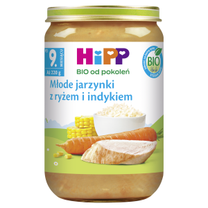 HiPP BIO od pokoleń, Młode jarzynki z ryżem i indykiem, po 9. m-cu, 220 g