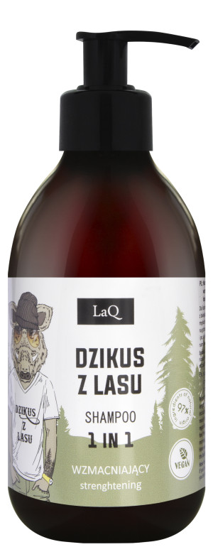 LaQ Dzikus z lasu, Naturalny szampon do włosów dla mężczyzn z kompleksem wzmacniającym z żeń-szenia, łopianu, skrzypu i przytulii, 300 ml