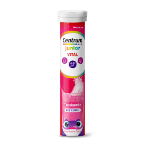 Centrum Vital Junior dla dzieci 4+, smak truskawkowy, bez cukru, tabletki musujące, 20 sztuk
