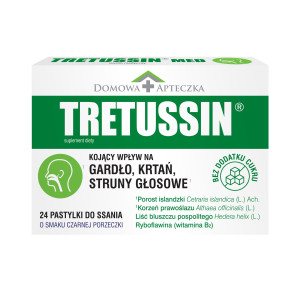 Tretussin gardło, krtań, struny głosowe, smak czarnej porzeczki, pastylki do ssania, 24 sztuki
