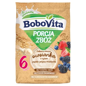 BoboVita Porcja Zbóż Delikatna Mleczna Owsianka z ryżem jagoda-jeżyna-truskawka po 6. miesiącu, 210 g