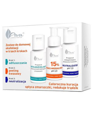 Ava Laboratorium Zestaw do domowej eksfoliacji Odtłuszczacz - 50 ml + Peeling kwasowy 15% Kwas migdałowy pH 3.5 - 50 ml + Neutralizator pH 7.5 - 50 ml