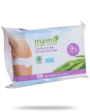 Masmi Natural Cotton wilgotne chusteczki do higieny intymnej 100% bawełny organicznej 20 sztuk