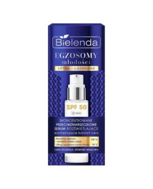 Bielenda Egzosomy Młodości, Skoncentrowane przeciwzmarszczkowe serum rozświetlające SPF 50, na dzień, 30 ml
